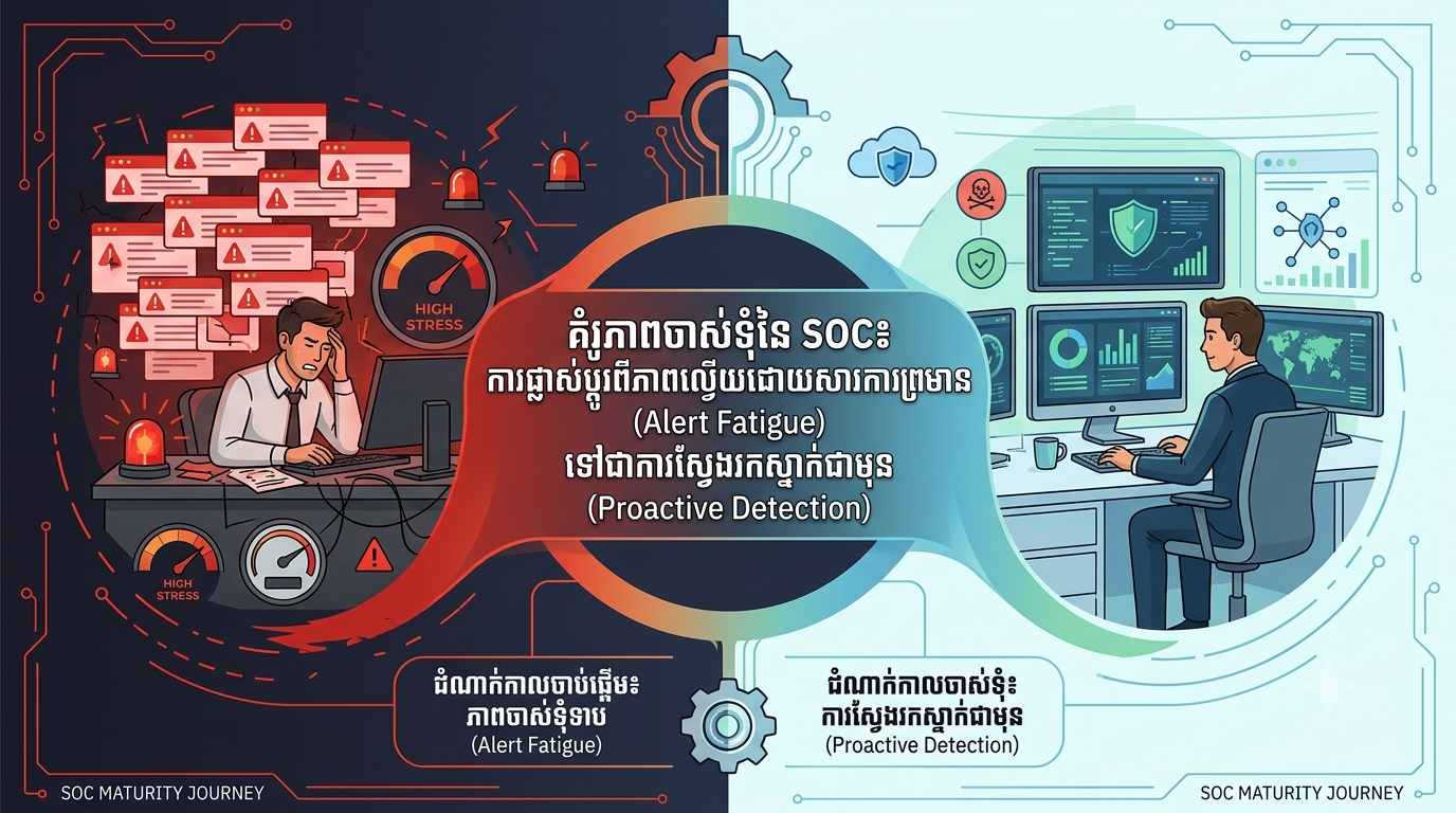 គំរូភាពចាស់ទុំនៃ SOC៖ ការផ្លាស់ប្តូរពីការព្រមាន (Alert Fatigue) ទៅជាការស្វែងរកស្ទាក់ជាមុន (Proactive Detection)
