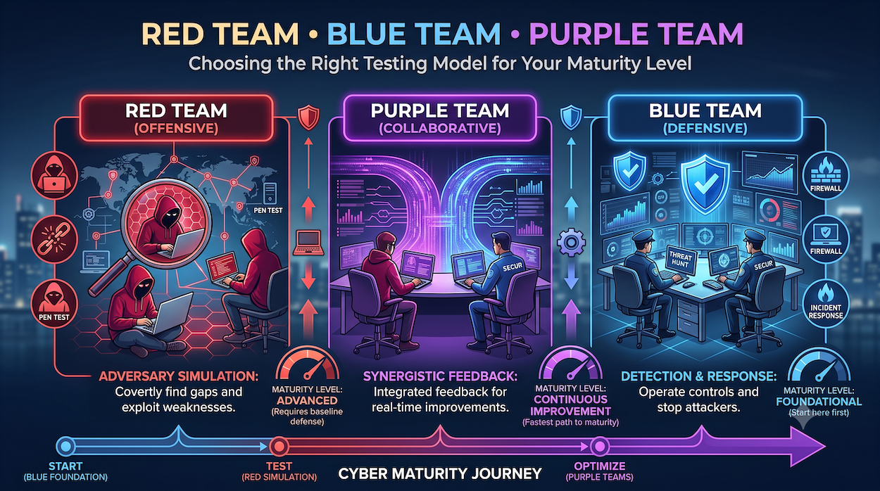Red Team, Blue Team, Purple Team៖ ការជ្រើសរើសទម្រង់នៃការធ្វើតេស្តឱ្យត្រូវនឹងកម្រិតភាពចាស់ទុំរបស់អ្នក